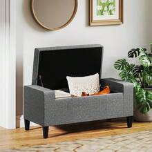 36 Inch Storage Cabinet, Cabinet Style Bench With Lifting Platform And Rubber Wooden Legs, Linen Cushioned Entrance Seats For Living Room And Bedroom, Can Hold 330 Pounds, Gray - Grey - View 4