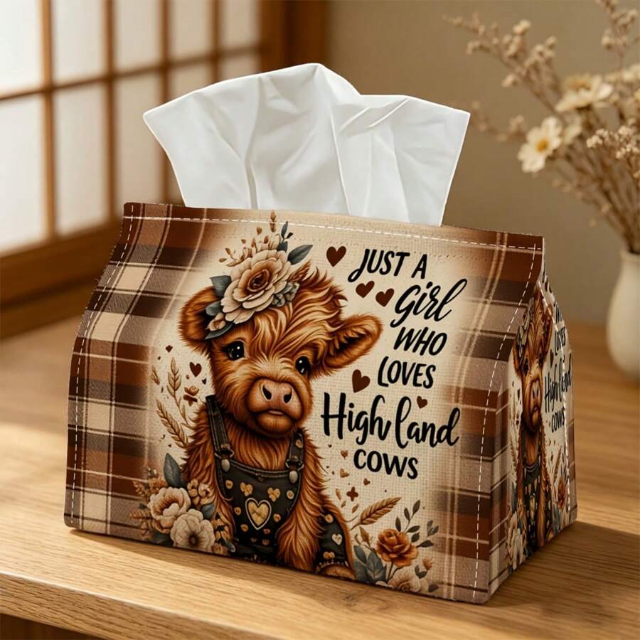 1pc 2D Flat Rectangular Tissue Box Cover, Vintage Brown Plaid Heart Highland Cow Print Paper Towel Storage Box, Home Desktop Tissue Organizer, Holiday Atmosphere Decorative Fabric Tissue Holder - A - View 1