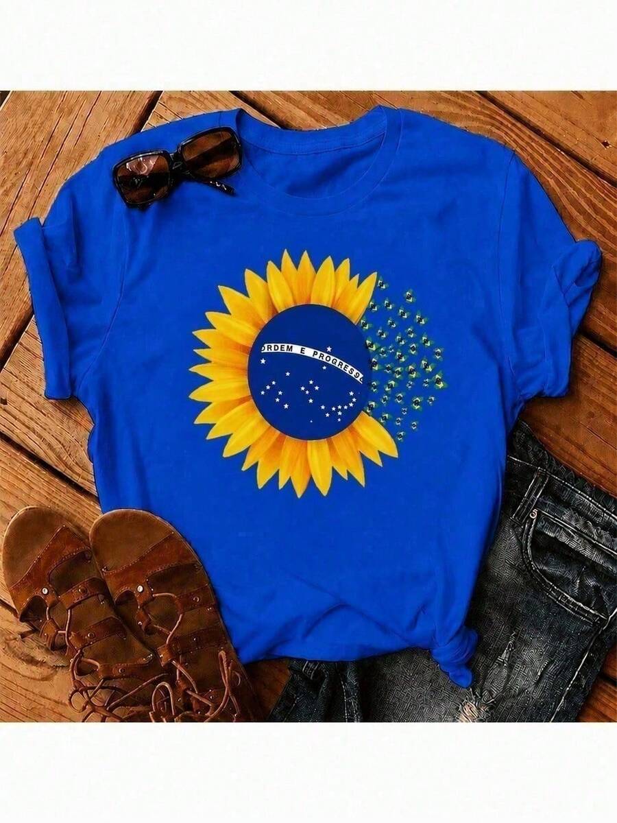 Women's T-Shirt Blouse For The 2026 Brazil Cup With Sunflowers And Butterflies, Stylish, 100% - 寶藍色 - 查看 1