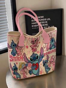 開學季 Disney Stitch 全滿版印花帆布托特包，大容量可愛星星圖案粉色蝴蝶結肩背包，女款女孩日常通勤購物休閒手提包 - 彩色 - 查看 2