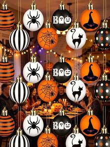 40pcs/Set Halloween Hanging Ball Decorations, Black Orange White Spider Web Witch Hat Black Cat Boo Pumpkin Pattern Spherical Ornaments, Outdoor Garden Tree Decor, Halloween Party Home Front Porch Decoration, Halloween Spherical Pendant Decorative Supplies - Multicolor - View 6