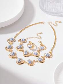 1 Set/3pcs Elegant Fashion Creative Design Metal Symbol Inlaid Faux Stone Necklace + Bracelet + Ring Women Jewelry Set - White - View 5