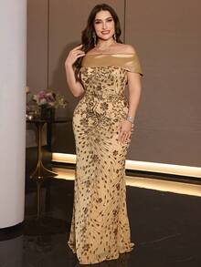 XUIBOL Elegant Women's Off-Shoulder Gold Sequin Mermaid Formal Gown, Charming Long Party Dress With Zipper Detail - Champagne - View 2