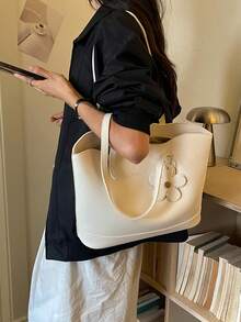 Women's Solid Color PU Large Capacity Tote Bag, Shoulder Bag, Casual Bohemian Handbag With Chain Strap, Suitable For Work, School, Travel, Fashionable Cute Floral Accessory - White - View 7