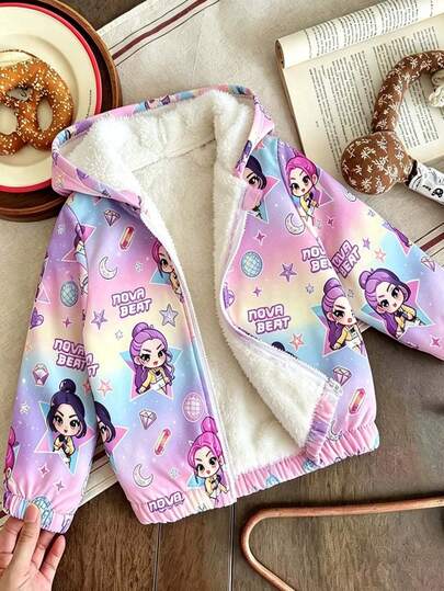 Chaqueta con capucha cálida con estampado de dibujos animados para niña preadolescente
