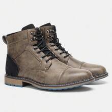 Men's Vintage Boots, Colorblock Upper, Rubber Dual-Color Non-Slip Sole, Inner Zipper, Outdoor Casual Ankle Boots - Grey - View 6