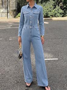 Vintage Denim Jumpsuit Long Sleeve Non-Stretch Denim Casual Daily, Button Ultra Long Non-Stretch Design - Light Wash - View 3