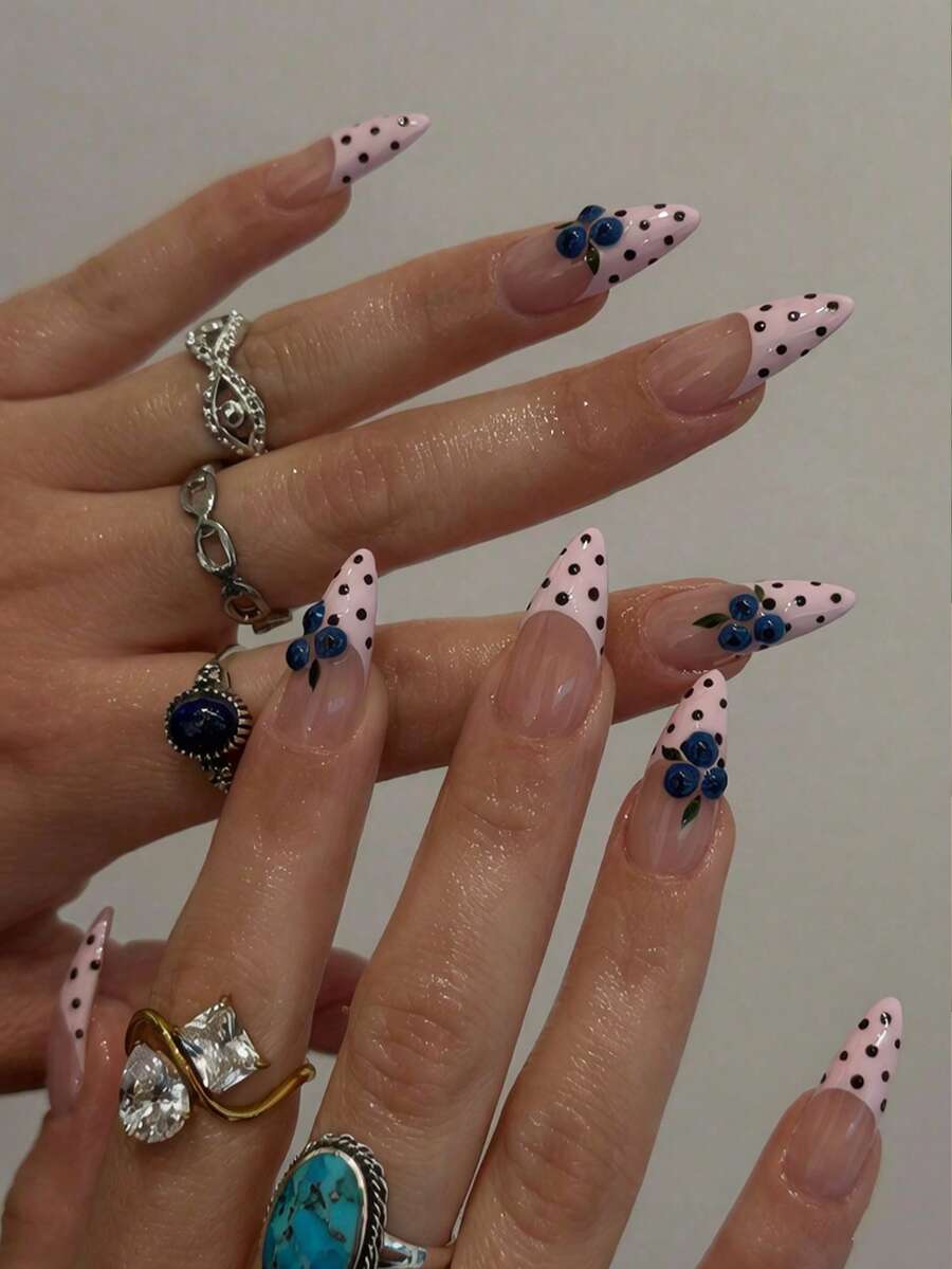 10 Pcs French Almond Handmade Press-On Nails, Pink French Tip, Brown Polka Dot, 3D Blueberry Carving, Simple Cute Style, Suitable For Girls And Women For Daily, Travel, Vacation, Party And School Nail Decoration, Including Jelly Glue And Nail File - Multicolor - View 1