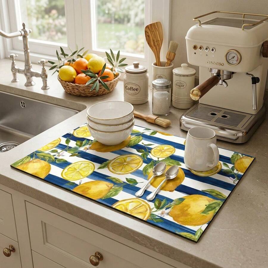 1 pieza Alfombrilla de secado de platos, Alfombrilla para cafetera, Patrón de limón acuarela con rayas azules y blancas, Altamente absorbente, Adecuada para mesa de comedor, cafetería y otras escenas, Regalo para el hogar, Encimera, Decoración de mesa de comedor