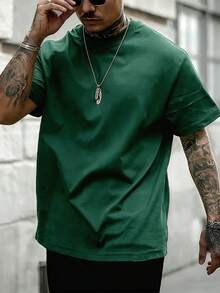 Plus Size Solid Color Basic Clean Style Men's Short Sleeve T-Shirt | American Casual Loose Fit | Suitable For Summer Wear - Dark Green - View 4