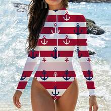 Nautical Style Women's Long Sleeve Zip Up One Piece Swimsuit With Anchor Print Red White And Blue Stripes Beach Summer Swimwear For Her - Black - View 1