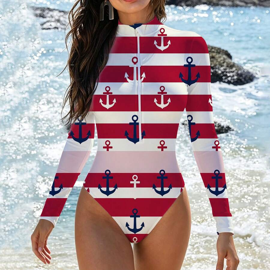 Nautical Style Women's Long Sleeve Zip Up One Piece Swimsuit With Anchor Print Red White And Blue Stripes Beach Summer Swimwear For Her - Black - View 1
