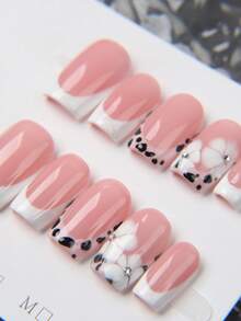 10ocs Y2K-Style Handmade Press-On Nails - French Design Featuring Blended Floral Patterns And Rhinestone Accents. DIY Acrylic False Nails, Perfect For Holidays, Parties, And Daily Wear; The Ultimate Gift For Her. - 粉色 - 查看 5