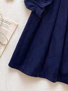 Baby Girl Spring/Autumn Shawl Collar Royal Blue Corduroy Fabric Dress - Royal Blue - View 6