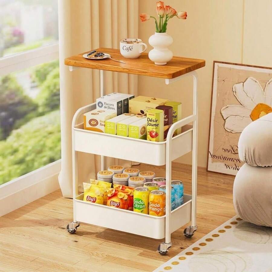 Rollwagen mit 3 Ebenen, Metallwagen mit Hölzerner Tischplatte, Aufbewahrung, Kunstwagen, Trolley, Organizer, Servierwagen, Multifunktional Servierwagen Roll Einfache Montage, 42 x 29.5 x 77cm - Weiss - Übersicht 1