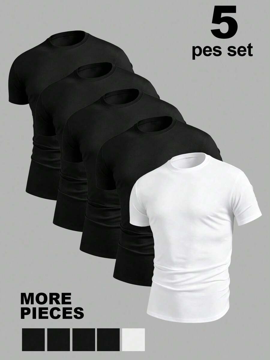 NEOREFINED Men's Casual Solid Color Round Neck Short Sleeve T-Shirt For Summer - 黑色 - 查看 1