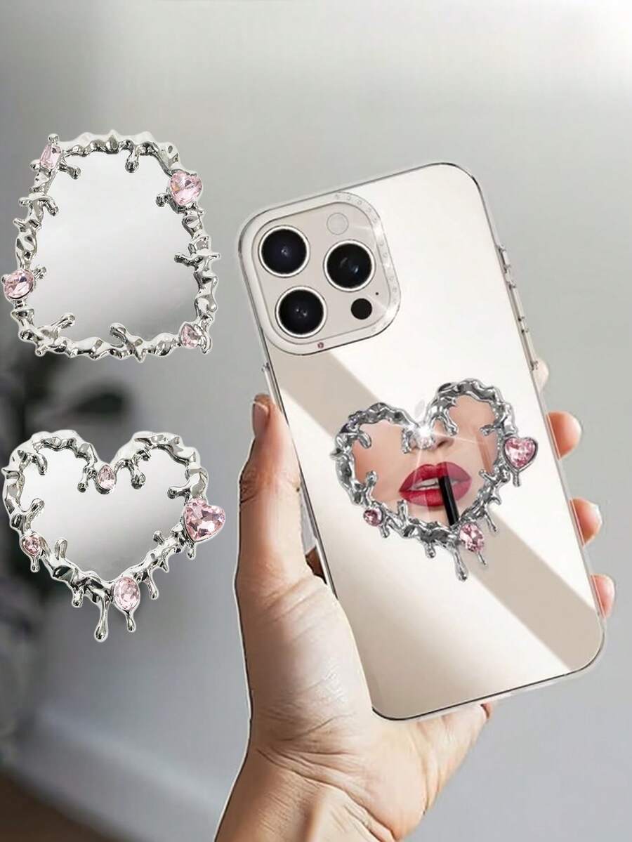 1pc Heart-Shaped Square Phone Mirror With Adhesive Backing, Shiny Phone Sticker Mirror With Silver Zinc Alloy Frame, Makeup Mirror For Phone Back/Smartphone Users - A - View 1