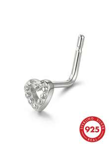 lunastudio 1pc 925 Sterling Silver L-Shaped Hollow Heart Nose Stud For Women Daily Wear - Silver - View 3