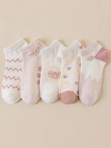 5 Pairs Light Pink Soft Style Short Socks For Women, Heart Flower Wave Stripe Letter Tube Socks, Korean Style Spring Summer Thin Short Socks, Suitable For Daily Wear. - Multicolor - View 9