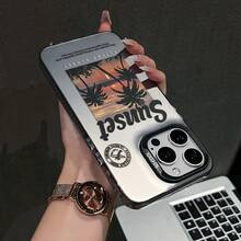 1pc Black Frame Large Window Metal Silver Sunset Coconut Tree Vintage English Film Full Coverage Shockproof Phone Case, Ins American Island Vacation Gentle Unisex Commute Niche Gift Protective Cover, Compatible With IPhone17/17Pro/17ProMax/16/11/16Plus/16ProMax/16e/15ProMax/13/14/12/14ProMax/12ProMax/13ProMax/12Pro/13Pro/14Pro - Black Frames, Matte Gray - View 3