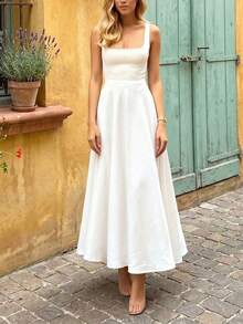 Floreya Vestido de Tela Tejida con Cremallera de unicolor Casual Elegante para Cita Nocturna Vacaciones Boda Primavera Verano - Caqui - Ver 4