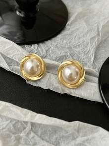 1 par de pendientes de botón de diseño geométrico vintage francés con perlas falsas doradas, diseño exagerado y nuevo de nicho, adecuados para uso diario y festivo de mujeres - Dorado - Ver 2