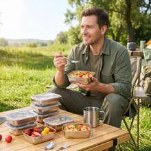 8-Piece Set (4 Containers + 4 Lids) Stainless Steel Food Storage Containers, Baking Tray Set, Multi-Purpose Trays, Suitable For Baking Eggs, Marinating Meat And Daily Food Preparation, Leak-Proof Stackable Boxes, Suitable For Storing Meat, Fruit, Camping And Home Storage - Multicolor - View 5