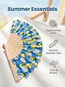 1pc Lemon Print Folding Fan, Spanish Wooden Fan, Portable Folding Fabric Lemon Bamboo Fan, Theme Party Decor Hand Fan, For Vacation/Theme Party, Bridal Shower, Wedding, Bridesmaid Gift, Halloween Costume Woman Accessories - Multicolor - View 10