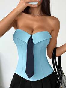 Top moderno bandeja lisa con lazo, estilo chica  para looks callejeros europeos - Azul - Ver 8