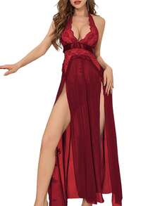 Lencería ValueVibe para Mujer, Conjunto de Lencería Larga con Abertura Alta, Camisón de Encaje con Cuello Halter, Rojo XL - Rojo - Ver 1