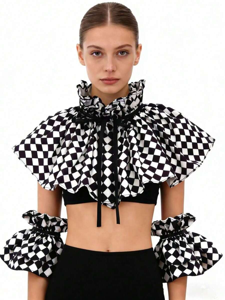 Black White Checkered Ruffle Detachable Collar & Cuffs Set, Harlequin Clown Costume Fashion Layering Accessory - Black - View 1