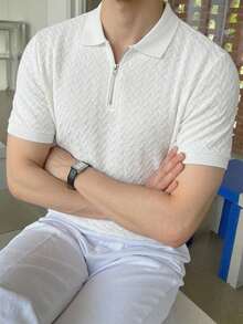 DAZY 男士夏季提花纹理 Polo 衫，翻领半拉链设计，适合日常通勤、旅行、度假和户外活动，休闲简约风格，都市成熟风格，英伦绅士风格。 - 白色 - 查看 5