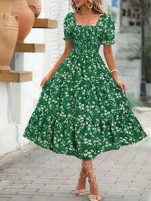 Women's Printed Dress With Square Neck, Fitted Waist And Layered Puff Sleeves, In A Sweet Style. - 綠色 - 查看 2