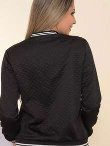 Women's Autumn/Winter Warm And Casual Padded Jacket With Round Neck - Black And White Striped Collar, Long Sleeves, Casual Coat | Zipper Jacket - 黑色 - 查看 3