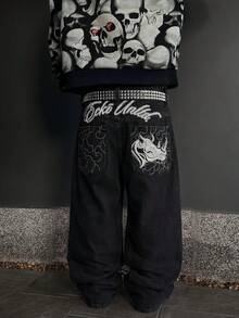 Grunge Goth Y2K Style Men's Casual Embroidered Loose Wide Leg Versatile All-Season Denim Jeans, Fashionable Personalized Street Youth Sport Hip-Hop Rap Academy Style, Suitable For Work Commute Stage Performance Friends Gathering Outdoor Wear - Dark Grey - View 1