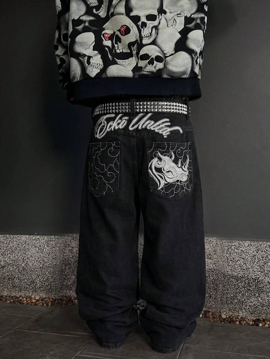 Grunge Goth Y2K Style Men's Casual Embroidered Loose Wide Leg Versatile All-Season Denim Jeans, Fashionable Personalized Street Youth Sport Hip-Hop Rap Academy Style, Suitable For Work Commute Stage Performance Friends Gathering Outdoor Wear - Dark Grey - View 1