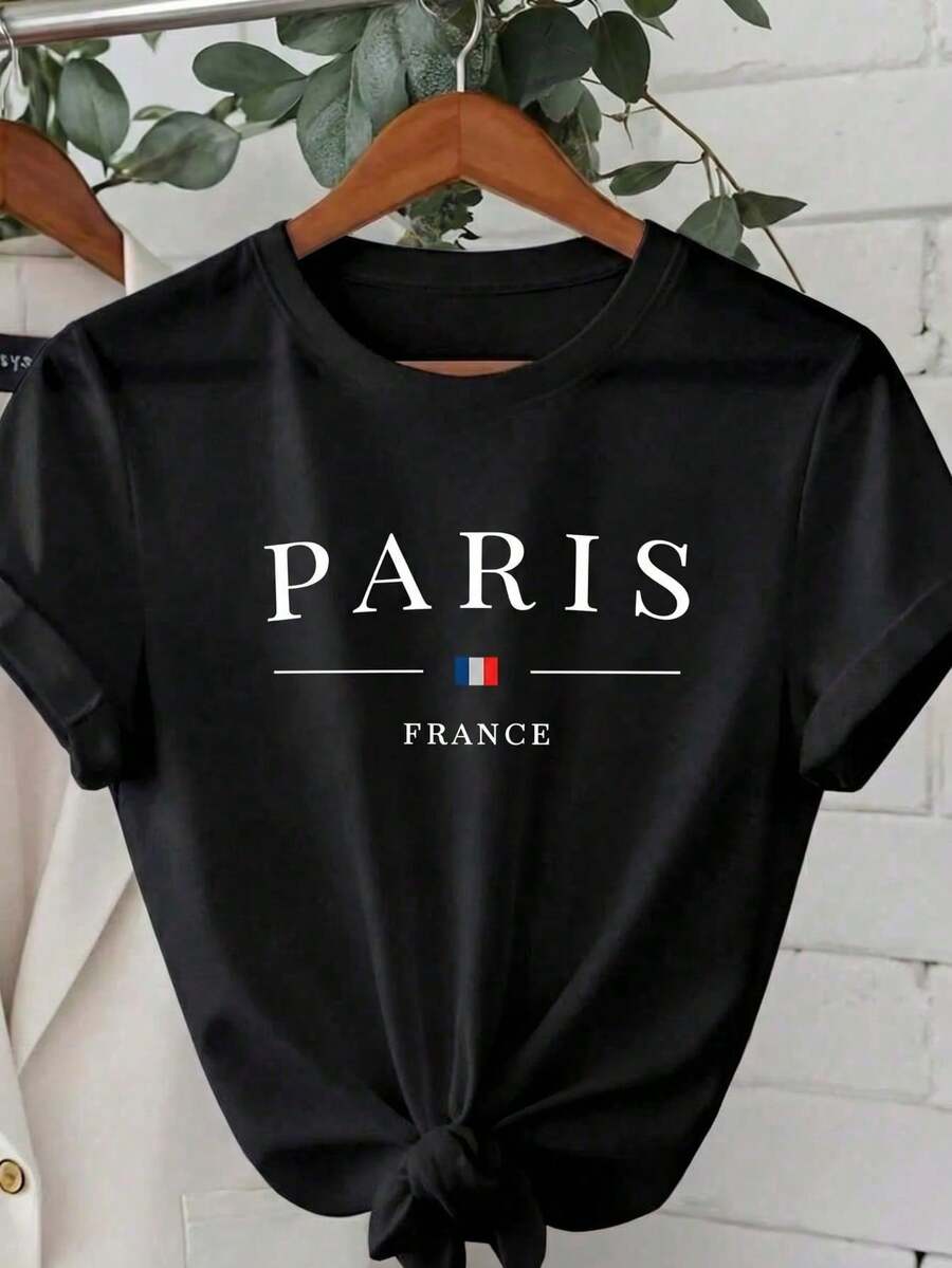 Women's Impala Casual T-Shirt With Paris, France Print, Regular Short Sleeves And Round Neck, Slightly Elastic Fashion Travel Top, 100% Cotton. - 黑色 - 查看 1