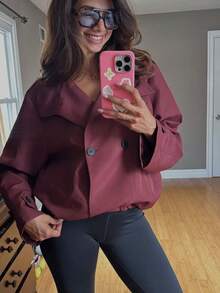 Short Burgundy Trench Coat, French Vintage Style, Blending Urban Mature Cargo Style Aesthetic, Stand Collar Double-Breasted Design, Exuding Coolness And Fashionable Vibe, Suitable For Daily Commute, Casual Socializing And Dating Occasions - Burgundy - View 10