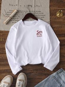 1pc Tween Girls Long Sleeve T-Shirt, White Minimalist Casual Loose Fit, Back Printed "Sorry Not My Problem" Handwritten Red Letter Slogan - White - View 3