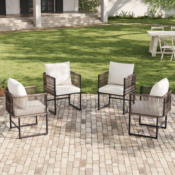 Conjunto de sillas de comedor de ratán PE duradero para patio – Muebles de jardín cómodos para exteriores, cojines incluidos, ideal para balcón o patio trasero.