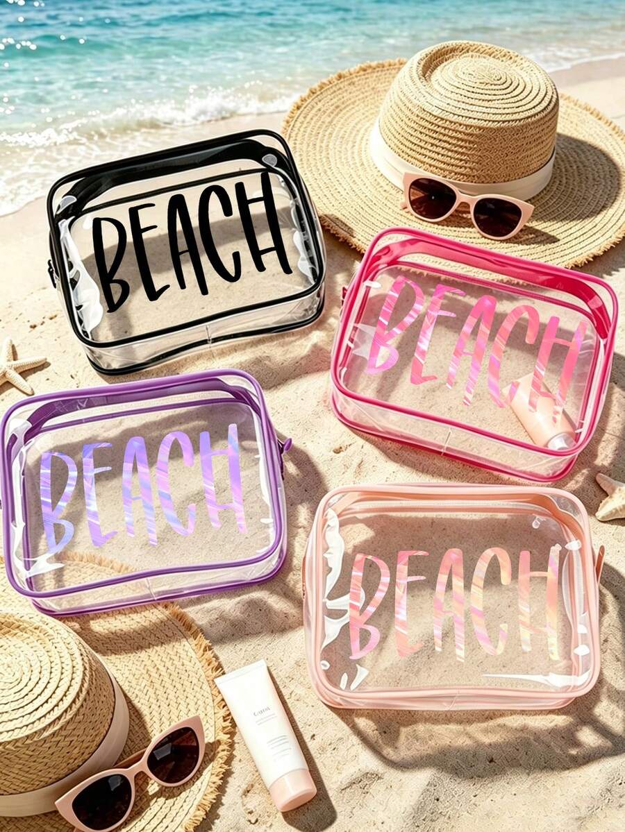 PVC防水透明防曬化妝包,印有彩色「BEACH」字母圖案,海灘主題收納袋,大容量透明旅行盥洗包,適合度假、浴室、宿舍、夏季海灘、游泳與旅行。獨特生日禮物、旅行紀念品、教師節禮物、開學必備 - 彩色 - 查看 1