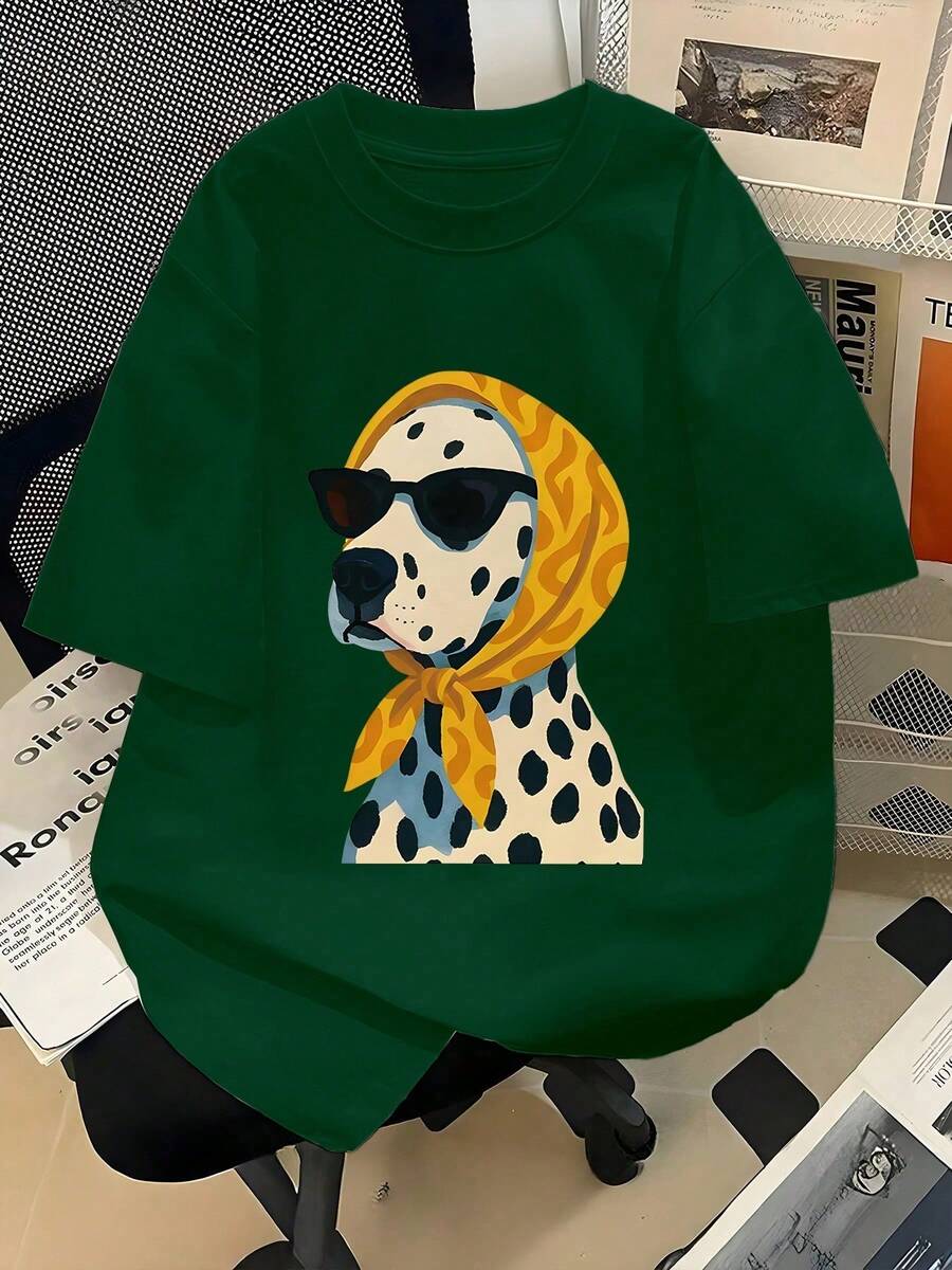 1 Piece Casual Fashion Outfit For Men And Women, New Short Sleeve T-Shirt With Round Neck And Dalmatian Dog Print, Plus Size 2026, Fashion Sunglasses, Suitable For Everyday Wear - 深綠色 - 查看 1
