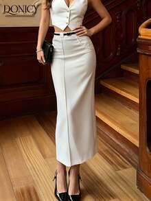 DONICY Women's White Linen High Waist Straight Midi Skirt, Casual Office Commute Style - White - View 3