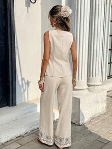 Women's Casual 2-Piece Set Consisting Of A Single-Row Floral Print Vest And Pants - 全穀類咖啡 - 查看 3