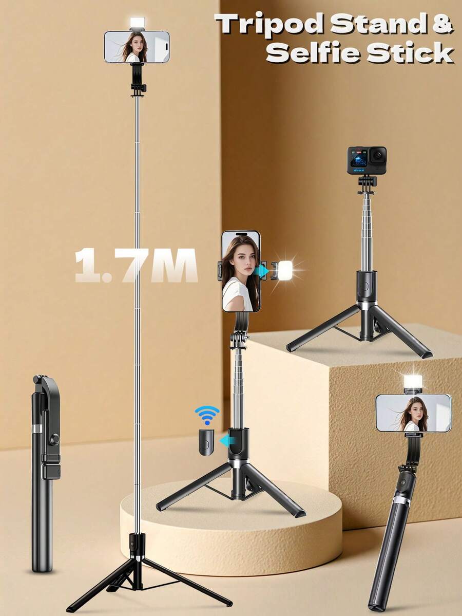 This 1.7m Long Selfie Stick Features A Retractable Design And Can Be Integrated With A Smartphone Tripod. Equipped With An LED Flash, 360-Degree Rotation, And A Wireless Remote Control, It's Perfect For Travel Use.