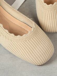 Beige Women's Vertical Striped Wavy Edge Square Toe Flat Ballet Shoes, Fashionable Design Versatile Slip-On Shoes, Suitable For All Seasons - Beige - View 6