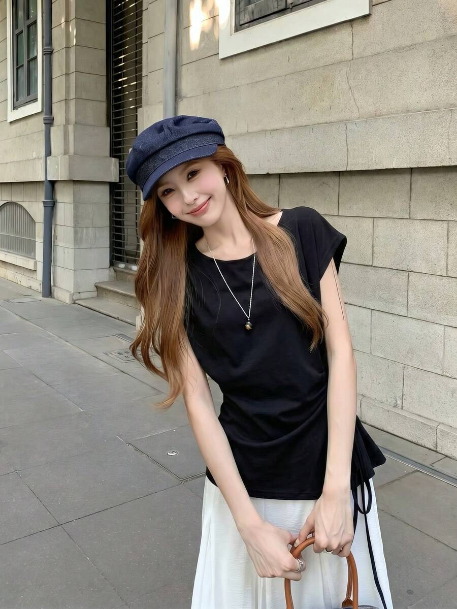 溫柔風小眾設計前綁帶短袖T恤，修身顯瘦女款上衣，夏季黑色 - 黑色 - 查看 1