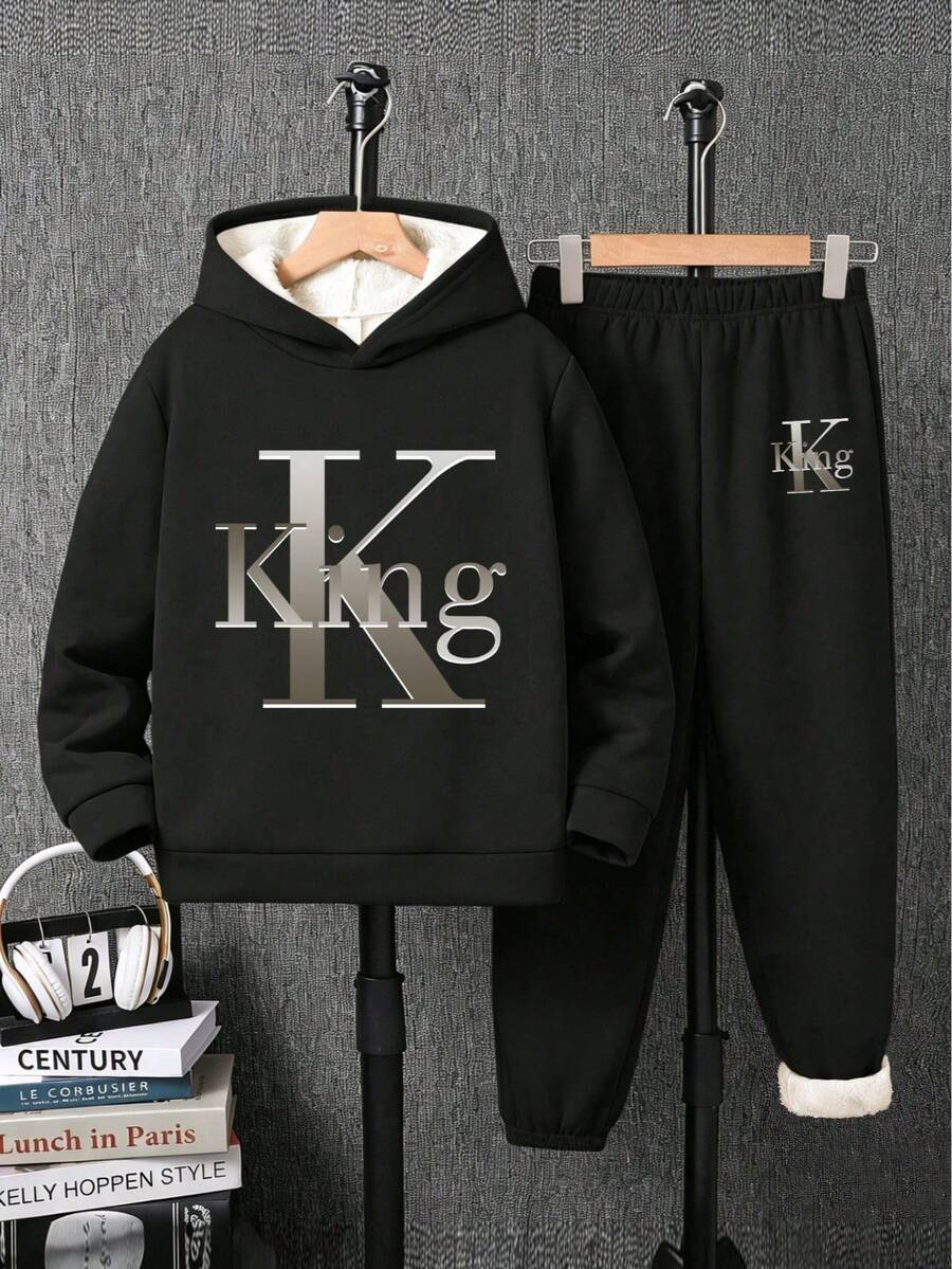 Tween Boy Letter Print Warm Hoodie And Sweatpants - Black - View 1