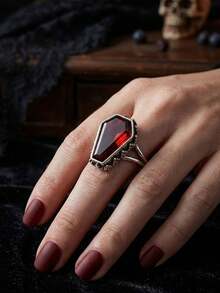 1pc Halloween Vampire Coffin Ring, Adjustable Witch Punk Bloodstone Open Ring, Eerie Alternative Gothic Style Jewelry, Halloween Gift - Multicolor - View 11