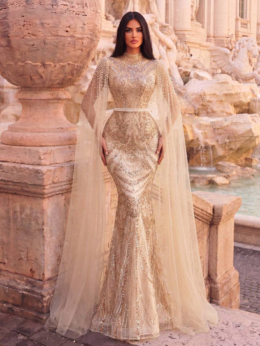 Faeriesty Elegant High Neck Gown With Cape Sleeves, Heavy Beading, Red Carpet Events Wedding Party Fall